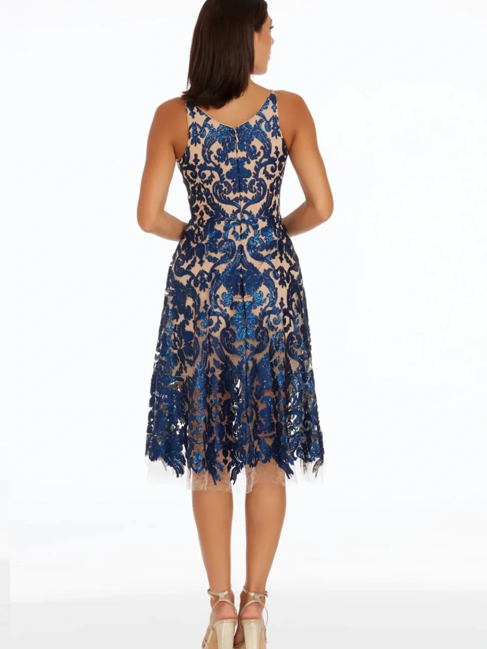 Dress The Population Navy Nude Blair Sequins Cocktail Midi Dress Size Small - Picture 11 of 11
